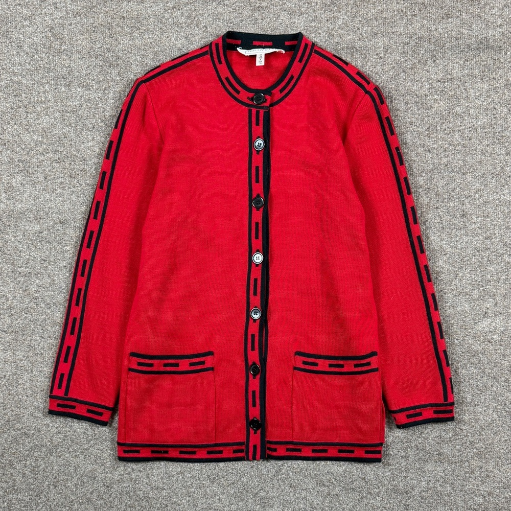 Vintage Tricoville Red Wool Blend Cardigan Sweater Women’s 8 Medium Black Trim - Picture 1 of 8